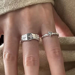 Anillo de Plata de Ley 925 con Diseño de Estrella y Concha, Estilo Unisex, Patrón Irregular, Simple, de Lujo Discreto, Versátil, de Boca Abierta - Product Image 6