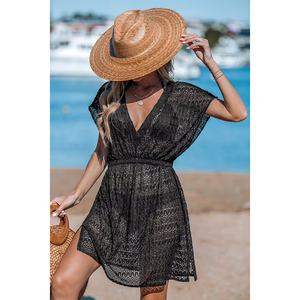 Robe de plage tropicale noire à col en V profond, épaules tombantes, liens transparents, respirante, fraîche, taille cintrée - Product Image 2