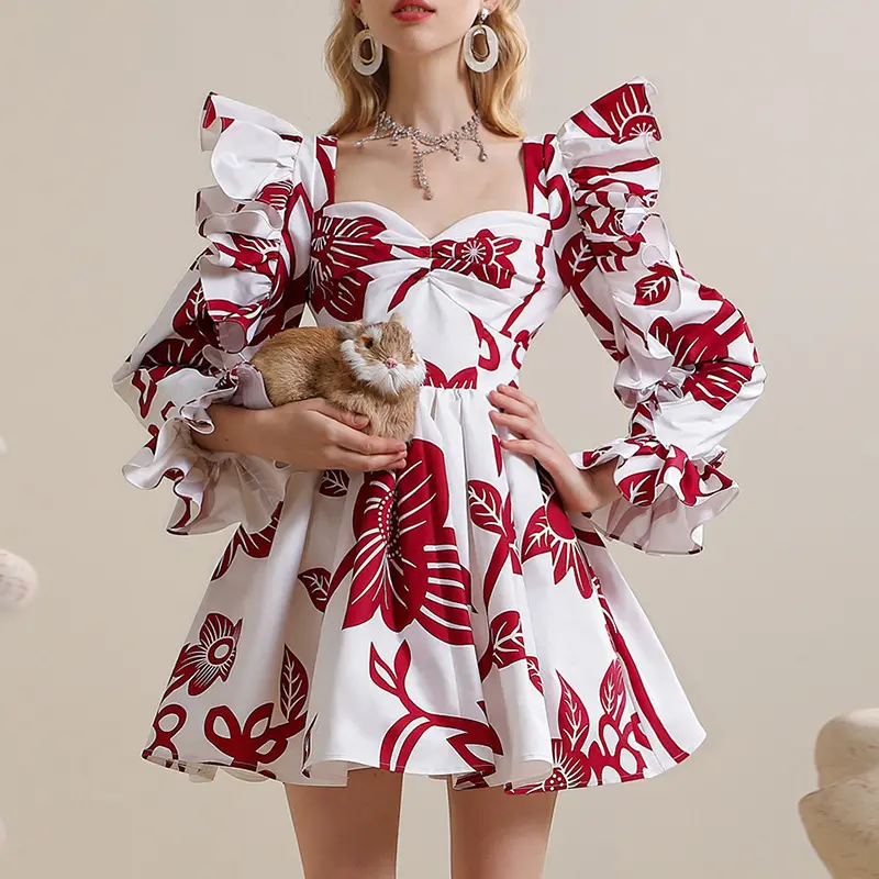 Robe de princesse à volants, col carré, style français, patchwork, travail, ligne A, mini robe imprimée pour femmes, collection été 2020
