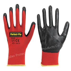 15 Gauge Red Polyester Nylon Knitting Black Nitrile Sandy Palm Coated Gloves