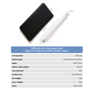 Portable Ultra Slim Power Bank 5000mah 10W Charge Built in Dual <b>Cable</b> LED <b>Display</b> Power Bank - Product Image 4