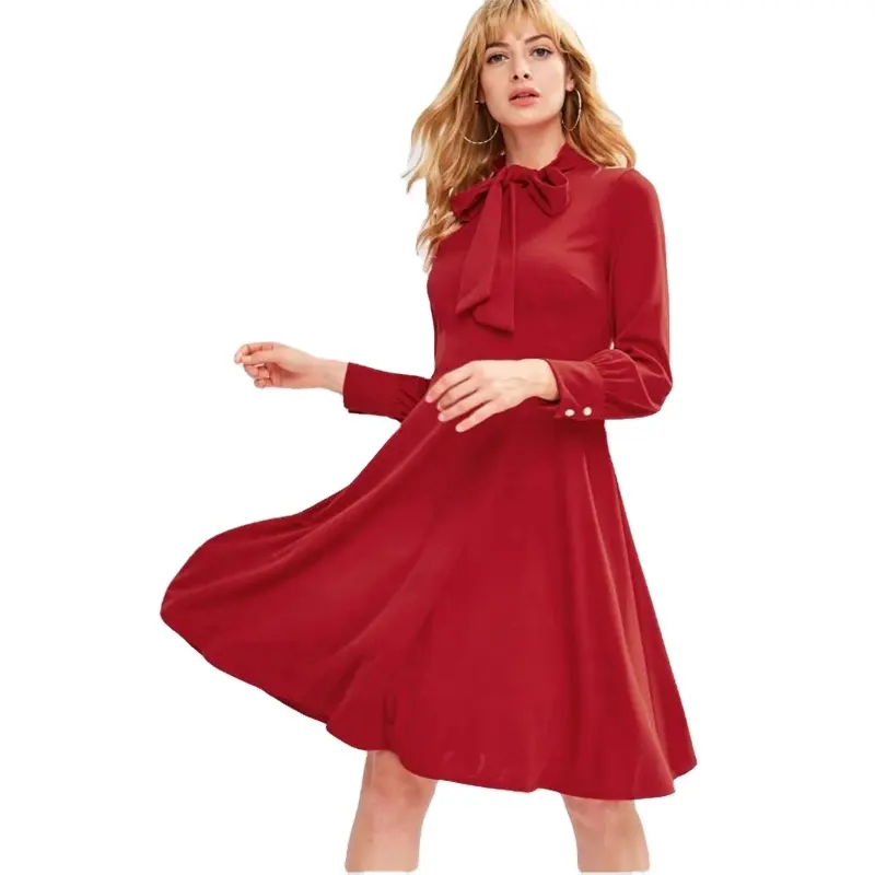 KY Knee Length red boho Back Zipper Bow Tie button cuff Long Sleeve Dress vintage dresses