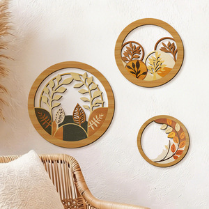 Lot de 3 sculptures murales en bois de bambou ajouré, style bohème géométrique, motif feuille végétale pastorale, pour décoration de salon, chambre, mariage et anniversaire - Product Image 6