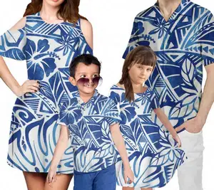 2024 New Polynesian Printing 4Pcs Set Mom/Daughter Dress with Shorts Sleeve Match Dad/Son Shirts Family Clothing Set