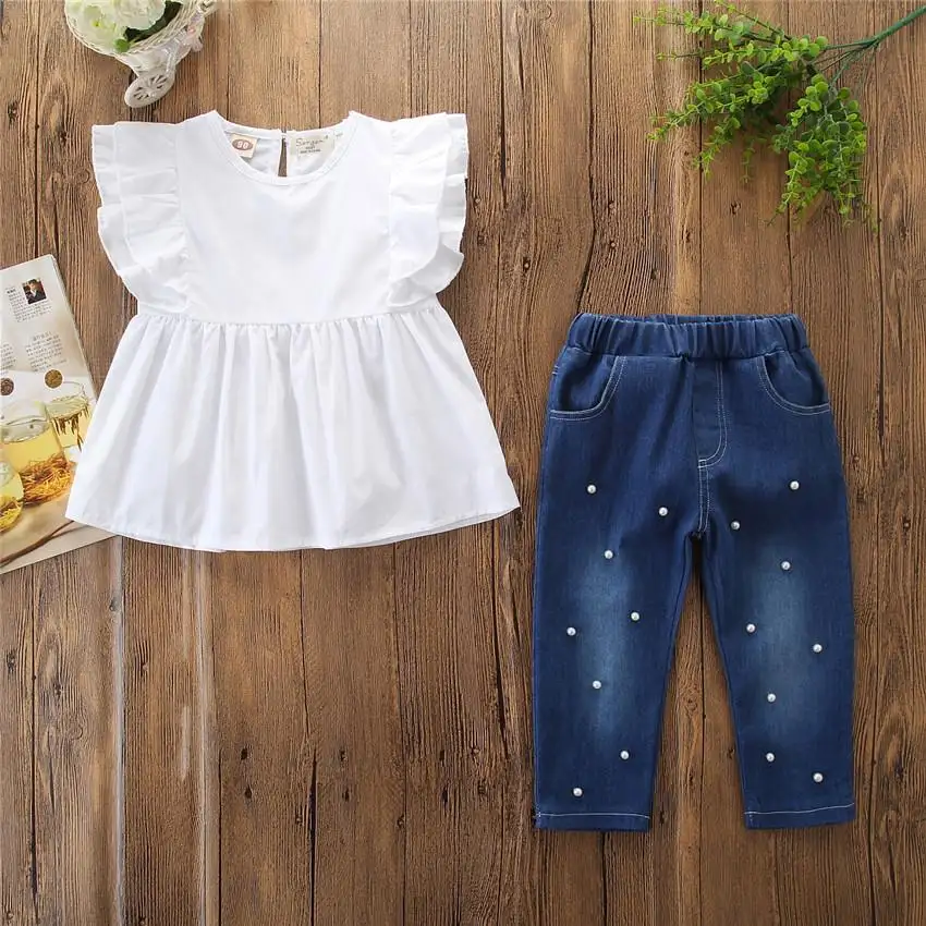 Kids Girl Clothing Setフリル白T-shirt Tops真珠Jeans女の子の夏シャツDenim Pant 2PCS Fashion Clothes