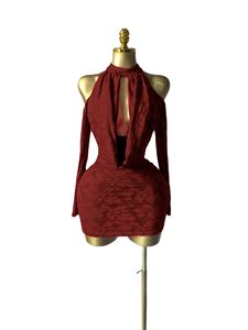 Robes sexy pour femmes, à épaules dénudées, manches longues, col bouffant, jacquard, tendance - Product Image 5