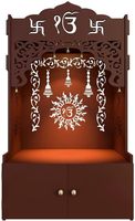 Pooja Mandir hindou en bois poli pour la décoration d'armoire murale à lumières LED à la maison avec portes et bureau Ganesh
