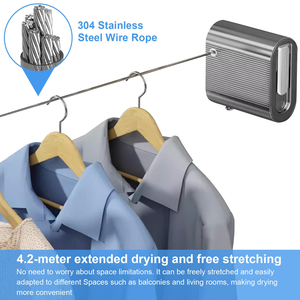 Nouvelle corde à linge rétractable murale en acier inoxydable de 4,2 m pour balcon, avec crochets pour sécher les vêtements - Product Image 5