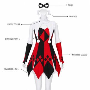 Costume de cosplay style Harlequin pour femme, robe <span class=keywords><strong>à</strong></span> imprimé diamant 5 pièces avec gants <span class=keywords><strong>à</strong></span> volants et ensemble d'élastiques pour cheveux - Product Image 5