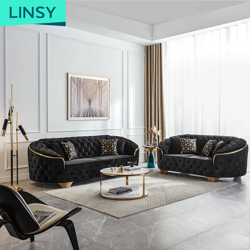 Linsy Nice Black 2Seat Velvet 3 4 Seat Fabric Sofa Home Soft Luxury Couch Chesterfield Sofa Living Room Furniture RBJ8K