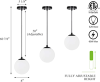Lampes suspendues de cuisine réglables ETL, globe en verre noir mat, mini lampe suspendue moderne au-dessus de la table à manger