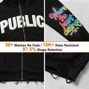 Sweat à capuche zippé pour homme en coton épais, coupe oversize, style streetwear, avec impression graffiti et effet vieilli, personnalisable OEM - Product Image 2