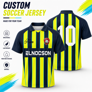 Camiseta de Fútbol Personalizada con Rayas Amarillas y Azul Marino, Manga Corta, Cuello en V, para Clubes, Aficionados, Equipos, Entrenamiento, Uniforme Escolar - Product Image 1
