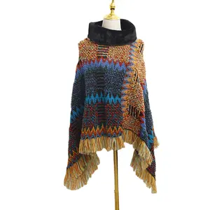 BESTELLA Hot Selling 100% Polyester Soft Acrylic Aztec Tribal Bohemian Style Knitted Poncho Shawl Scarf Wholesale