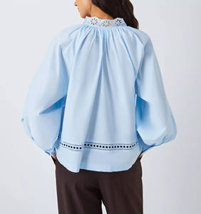 OEM Simple hueco bordado blusa femenina superior dulce algodón con cuello en V Turn-Down manga larga Casual Tops para mujer camisa blusa - Product Image 4