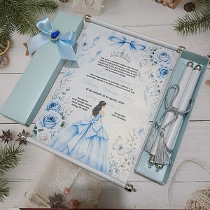 Invitación de Quinceañera Azul Princesa <span class=keywords><strong>Cenicienta</strong></span> con Caja, Borla de Diamantes de Imitación, Invitaciones Brillantes de Color Marfil para Fiesta de Veinteaños - Product Image 1
