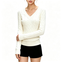 Pull en maille torsadée blanc à col en V pour femme, coupe ajustée, manches longues, haut en maille torsadée amincissant, idéal pour l'automne – Commandes personnalisées acceptées
