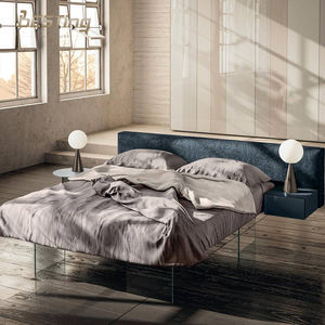Odern-<span class=keywords><strong>cama</strong></span> doble con cabecero de tela plisada horizontal delicada con LD D luz nocturna, camas grandes levitantes - Product Image 4