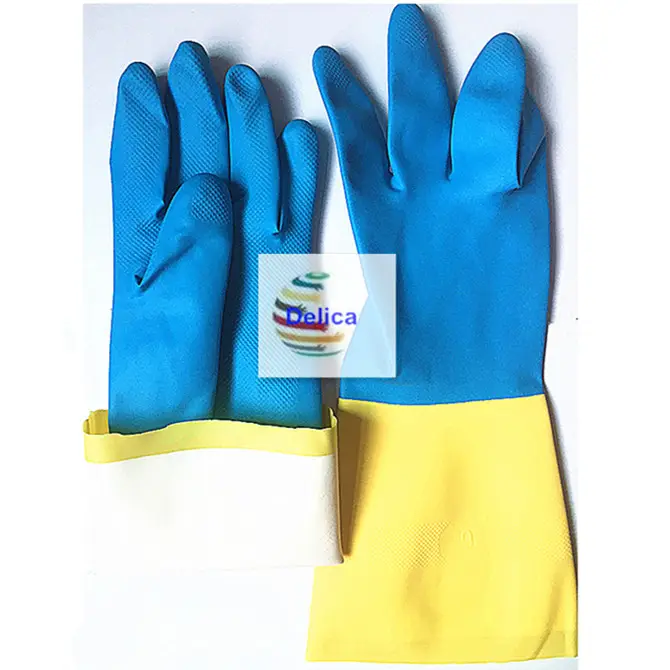 Europa Gele En Blauwe Bicolor Handschoenen Huishoudelijke Latex Rubber Handschoenen