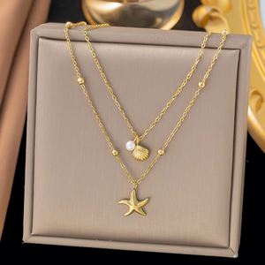 Collar de Acero Inoxidable Impermeable con Baño de Oro de 18k, Doble Capa, Diseño de Concha y Estrella de Mar, Ideal para Regalo - Product Image 2