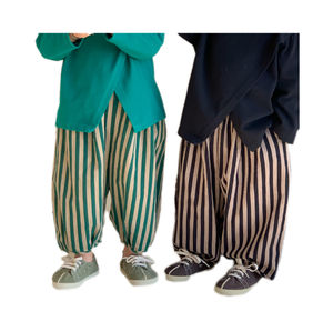 2024 enfants printemps et automne coton et <span class=keywords><strong>lin</strong></span> bande verticale bloomers style ample <span class=keywords><strong>pantalon</strong></span> à neuf points pantalons décontractés - Product Image 1