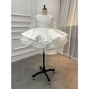 Supplier Rustic White Flower Girls' Dresses Wedding Kids Long Sleeve Girls' Party Gown Princess Knee Length Flower Girl Dress
