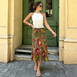 Falda midi de malla floral botánica con corte en A, cintura baja, estilo pintura al óleo francesa, vintage, estilo Hong Kong, favorecedora y casual. - Product Image 4
