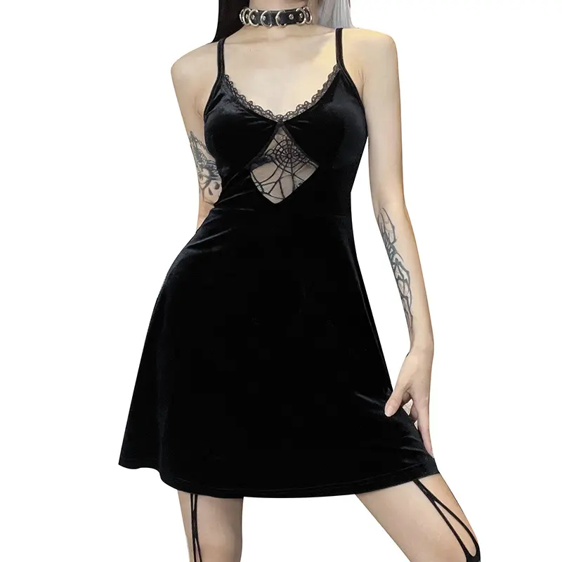 Black Gothic Hollow Out A Line Dress Spider Web Lace Velvet Sexy Open Back Spaghetti Black Women Party Dress