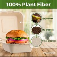 Boîte à clapet personnalisée en fibres végétales écologiques, jetable, en bagasse de canne à sucre, 6x6, 3 compartiments