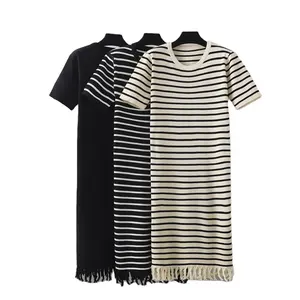 Wholesale plus size knitted dress round neck striped black and white short sleeve simple straight knitted skirt with tassel