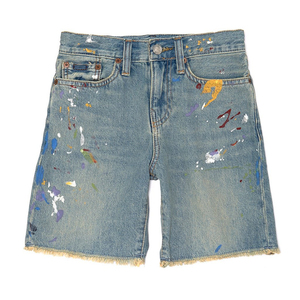 Pantalones Cortos de Mezclilla para Hombre, Estilo Distressed <span class=keywords><strong>con</strong></span> Salpicaduras de <span class=keywords><strong>Pintura</strong></span> Ecológica, Dobladillo Deshilachado, Algodón, a la Moda - Product Image 1