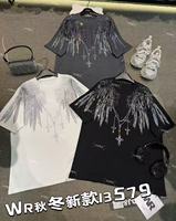 T-shirt surdimensionné en velours à manches courtes pour femmes, détail ailes d'ange en strass, col rond, haut décontracté
