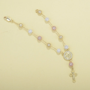 Rosario Católico de Plata, Oro Rosa de <span class=keywords><strong>14K</strong></span> y 3 Tonos con Circonitas Cúbicas, Borla, Jesús, Virgen María, Cristianismo, Cruz - Product Image 5
