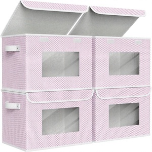 Modern Fabric <b>Foldable</b> Storage <b>Boxes</b> with Lids 4 Pack Dustproof Lightweight Stackable Pink - Product Image 1