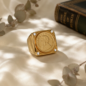 Anillo de sello con diseño de moneda <span class=keywords><strong>Kruger</strong></span> de Sudáfrica, chapado en oro de 18K, de acero inoxidable, cuadrado, de banda ancha y pesada, joyería vintage con moneda para hombre - Product Image 3