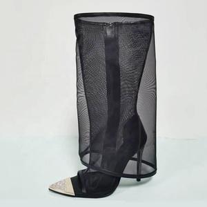 Fishnet <b>Knee</b> <b>High</b> Boots Women Mesh <b>High</b> Heels Stiletto Diamonds Summer Shoes Wide Fit Overlay Sandals - Product Image 2