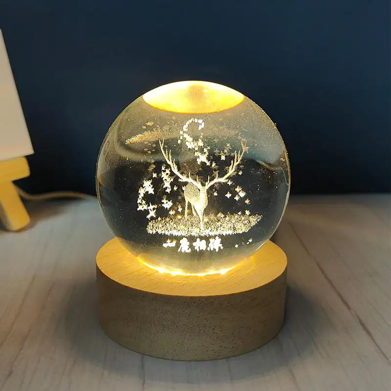 Honor Of Crystal Lampe boule de cristal de haute qualité Base en bois Boule laser 3d lumineuse