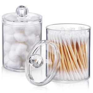Transparent Cotton Swab Storage <b>Box</b> <b>With</b> Wooden <b>Lid</b> For Desktop Cosmetic Organization 2 Layer Design Dust Proof Plastic - Product Image 5