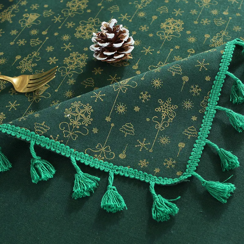 Cotton Linen Table Cloth Cover Household Washable Finished Bohemian European Green Christmas Snowflake Tassel Tablecloth