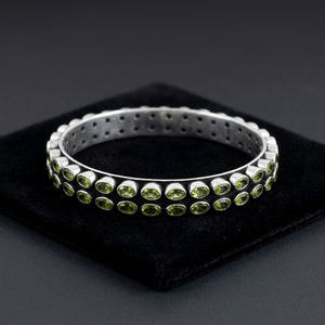 Art Palace 925 Silver Bangle with Natural <b>Peridot</b> Stones Bezel Set Classic Style Unisex Bracelet Everyday Wear From Rajasthan - Product Image 3