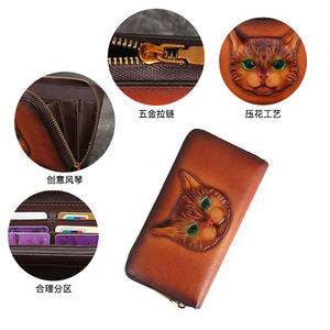 AndoBag Genuine Cow Leather Coin Purse <b>Zipper</b> Long <b>Wallet</b> for Women Vintage Cat Emboss Design Card Holder 9734 - Product Image 3