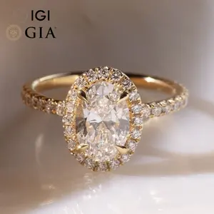 Özel Gia Igi sertifikalı Cvd Lab yetiştirilen oluşturulan elmas gerçek altın yuvarlak kesim nişan yüzüğü kadınlar için 1 2 3 Ct karat 2ct takı