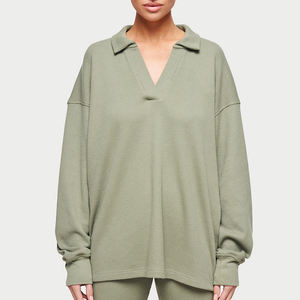 Gym Athletic Wear Femmes Vert Oversize Polo Waffle Knit Chemises à manches longues - Product Image 3