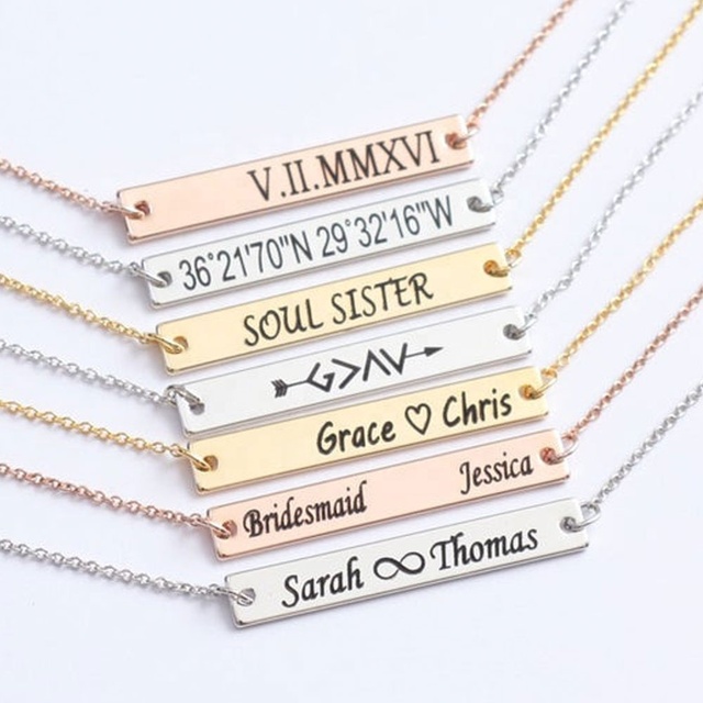 Personalized Stainless Steel DIY Jewelry Custom Link Chain Tiny Bar Pendant Necklace Fashionable Anniversary Gifts Date Name