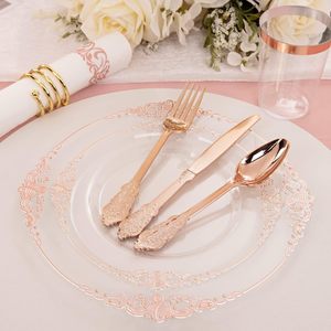 350-teiliges Einweg-Geschirrset aus Rosé<span class=keywords><strong>gold</strong></span> 50 Gäste 50 Spitzen-Plastik teller 50 Besteck becher Papiers ervietten für Party hochzeiten - Product Image 3