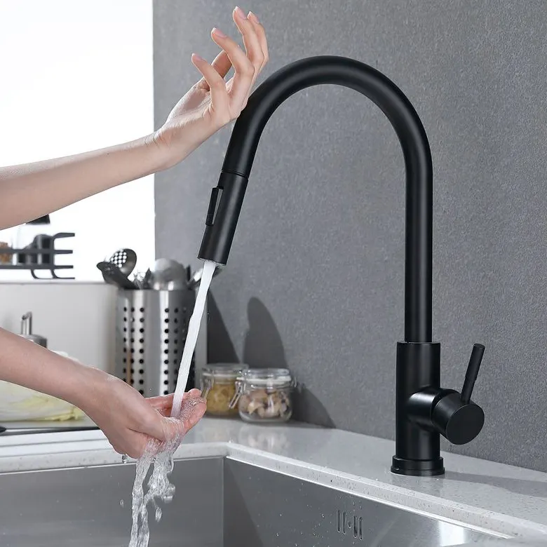 Black Pull Out Water Tap Kitchen Sink Faucet 2 Functions Sprayer Touch Sensor Stainless Steel Modern Contemporary Ceramic Hotel