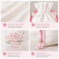 Pochette à cordon en coton et lin écologique imprimée fleur de lotus, cordon en satin rose, logo personnalisé, emballage cadeau pour bijoux