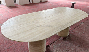 Table à manger ovale en travertin beige crème italien, sur mesure, en pierre naturelle de luxe, avec piédestal conique, pour cuisine et extérieur - Product Image 2