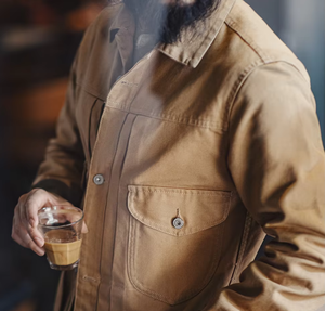 Wholesale Men's Heavyweight Canvas Lapel Denim Jacket Vintage Workwear Multi-Pockets <b>Button</b>-Up Jacket - Product Image 5