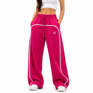 Custom Women Winter Wide Leg Flat Front Sweatpants High Waist Baggy Jogger Pants Oversized Fleece <b>Track</b> Pants Contrast Piping - Product Image 1